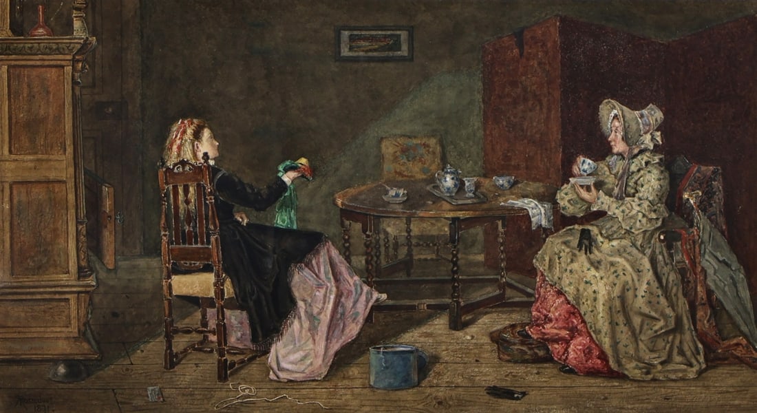 JOSEPH THORBURN ROSS (BRITISH, 1849-1903).: 'Afternoon Tea' or 'The New Hat'. 1871. Mixed media on paper. Signed and dated lower left. Property from a Mystic, CT estate. Dimensions: Sight. 10" h x 18.25" w. Frame: 19.75" h x 28&q