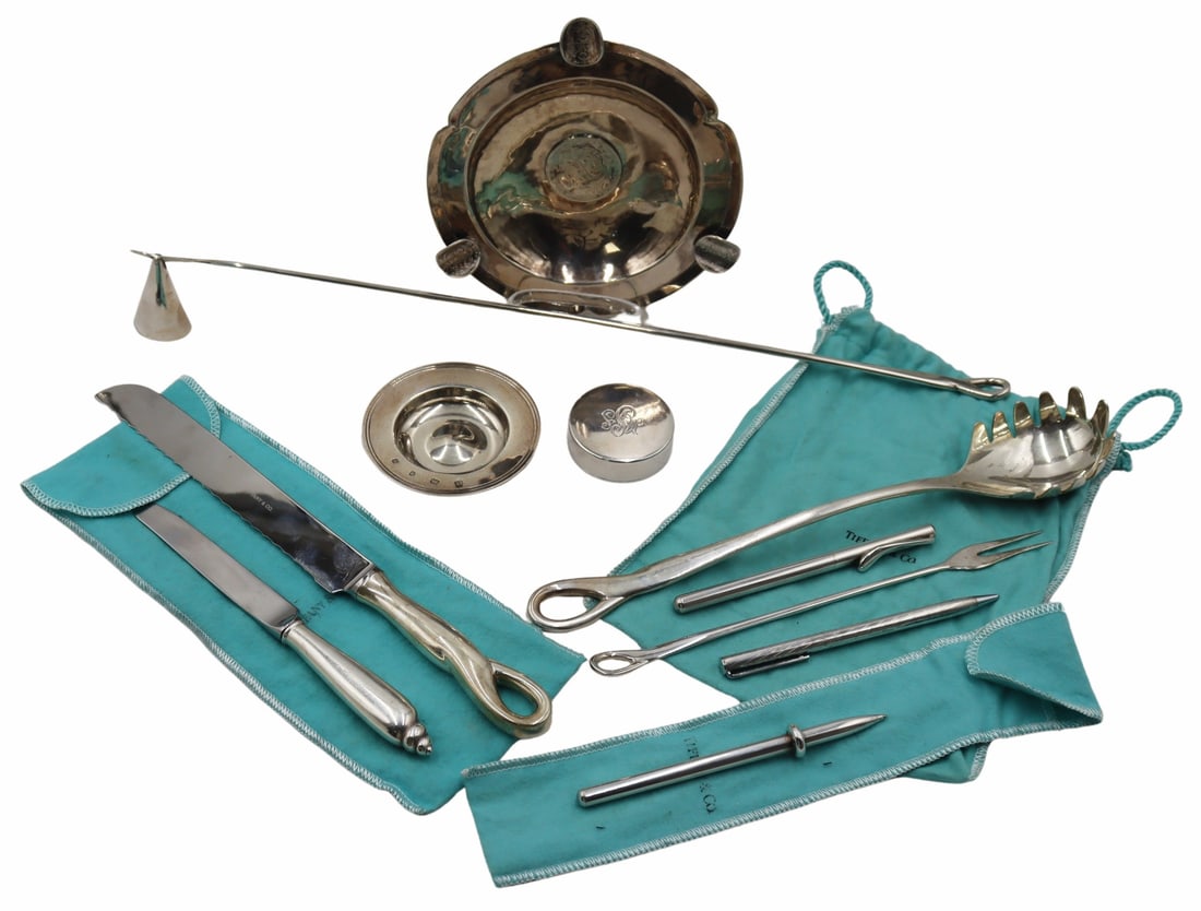 SILVER. Collection of Silver Inc. Tiffany & Co.: Includes an Elsa Peretti for Tiffany & Co. sterling Padova pasta server - stamped, "T&Co Sterling Peretti © Italy 1984"; an Elsa Peretti for Tiffany & Co. sterling Padova br