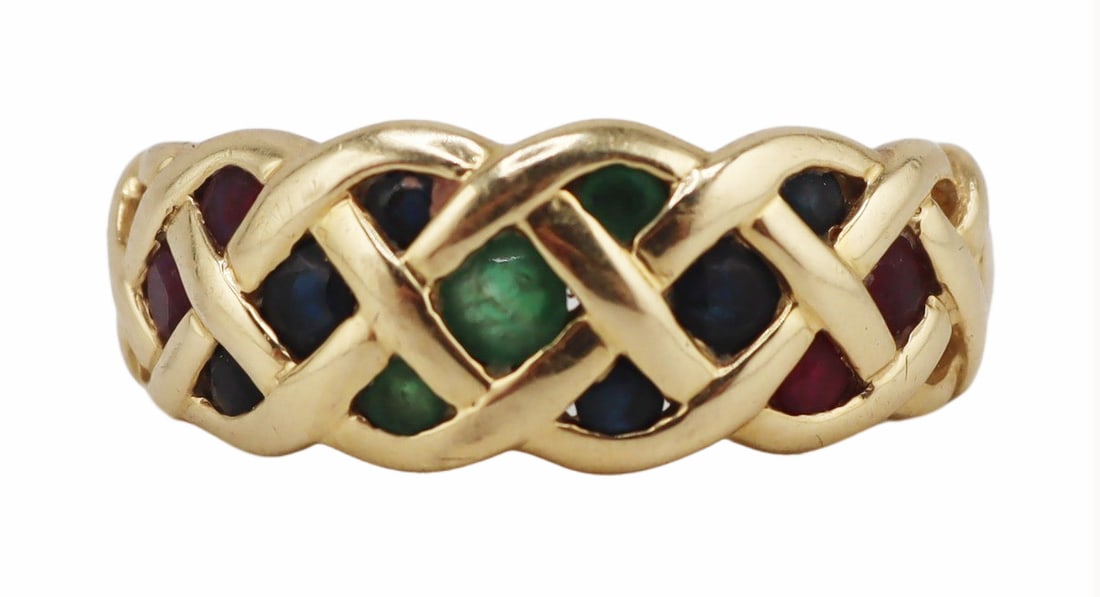 JEWELRY. 14kt Gold and Gem Woven Ring.: 14kt yellow gold ring of woven design displaying faceted rubies, emeralds, and sapphires. Stamped, "14K". Ring size - 7 1/4. Total approx. weight of the ring is 2.4 dwt (gross). From a Yonke