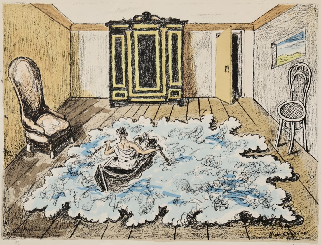 GIORGIO DE CHIRICO (ITALIAN, 1888-1978).: 'Il ritorno di Ebdomero' (Return of Ebdomero). Lithograph. Signed and numbered 59/90 lower margins in pencil. Property from a Irvington, NY collection. Dimensions: Image: 13" h x 17" w. Fram