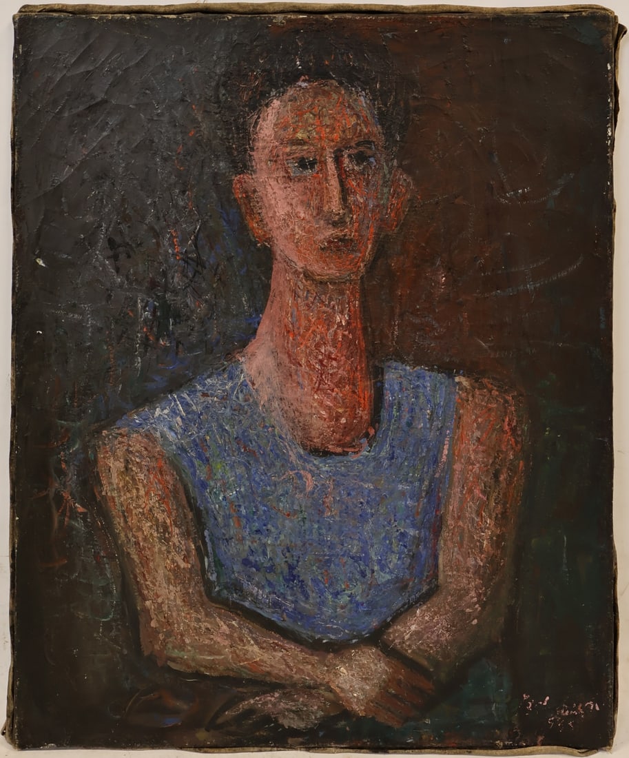 NAHUM TSCHACBASOV (AMERICAN, 1899-1984).: Woman with crossed arms. Oil on canvas. Partially signed lower right. Property from a South Hampton, NY collection. Dimensions: 32" h x 25.5" w (unframed).