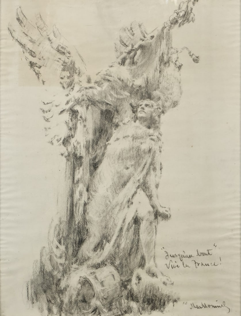 FREDERICK WILLIAM MACMONNIES (AMERICAN,1863-1937).: 'Figure Study of Triomphe Figures'. Charcoal on paper. Signed and inscribed lower right. Property of a Greenwich, CT collection. Dimensions: 23.75" h x 18" w. Frame: 28" h c 22.50" w.