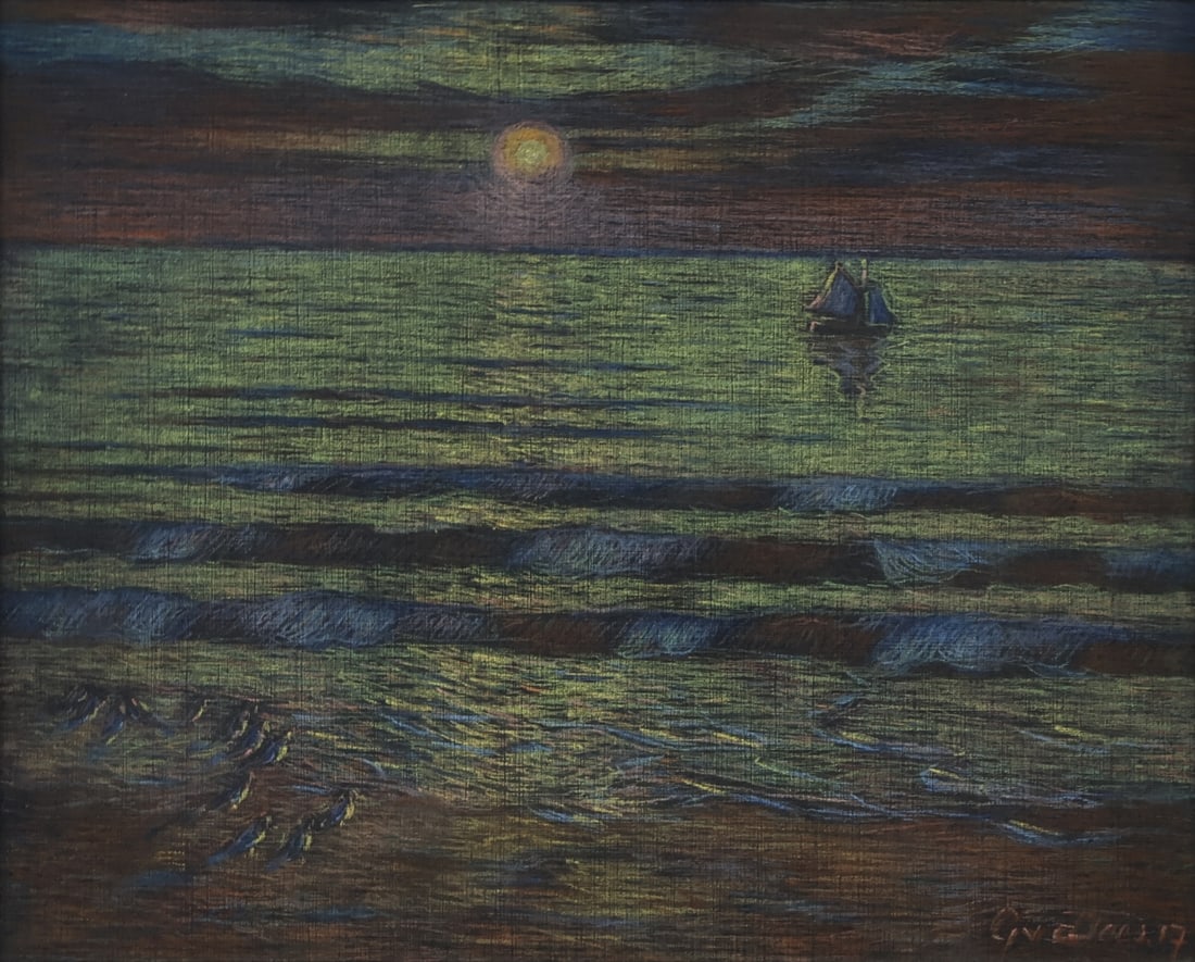 GUSTAV VAN DER DOES (DUTCH, 1878-1922).: 'Sunset Sailing' . Colored pencils. Signed lower right. Property of a Greenwich, CT collection. Dimensions: Sight: 10" h x 12.25" w. Frame: 15.25" h x 17.50" w.