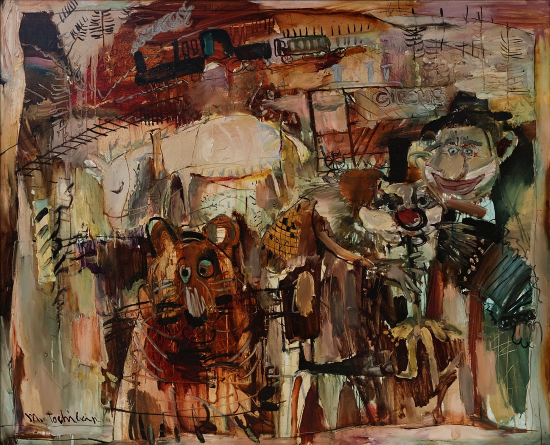 MARK TOCHILKIN (UKRAINIAN / ISRAELI, b. 1958).: 'The Circus'. Oil on canvas. Signed lower left. Property from a Bedford, NY estate. Dimensions: 45" h x 55" w. Frame: 46.25" h x 56.25" w.