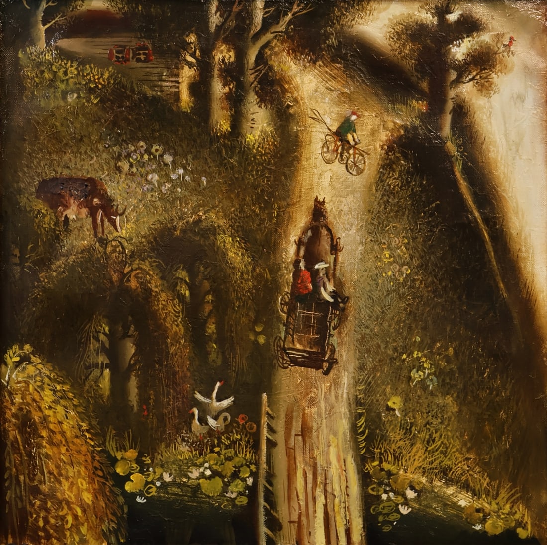 KIM TKATCH (UKRAINE, B. 1963).: 'Road Travelers'. 1988. Oil on canvas. Verso: inscribed. Property from a Bedford, NY estate. Dimensions: 28" h x 28" w. Frame: 35" h x 35" w.
