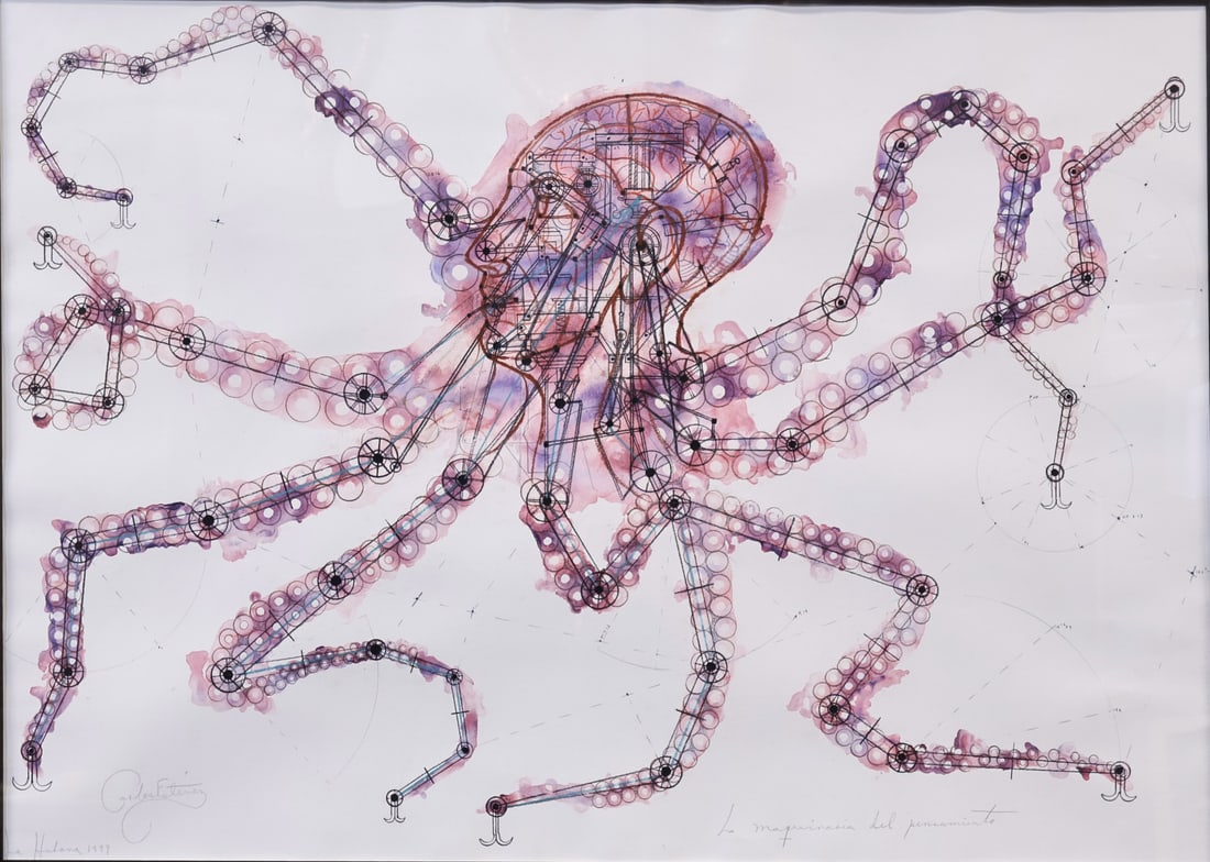 CARLOS ESTEVEZ (CUBAN, B. 1969).: 'La maquina del pensamiento' (The thought machine). 1999. Mixed media. Signed, titled, dated, and inscribed "La Habana" [Havana] lower margins. Property from a Bedford, NY estate. Dimensions