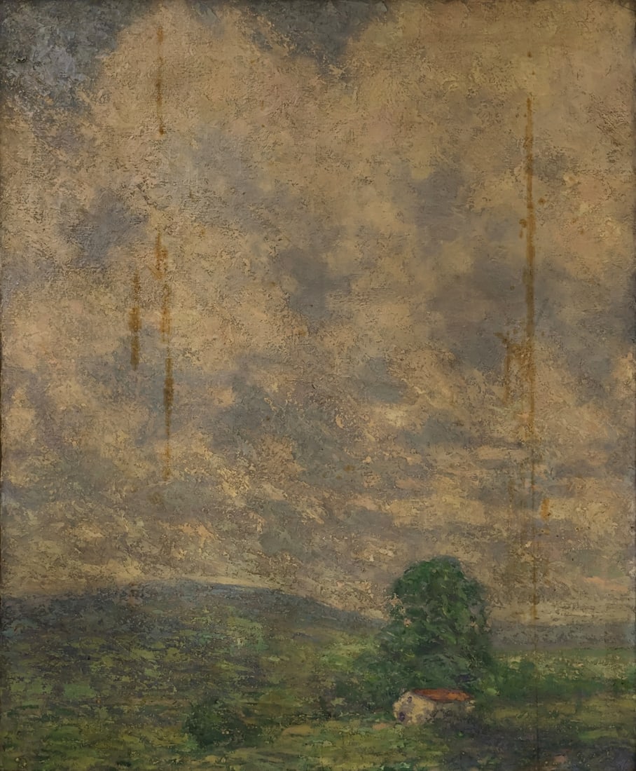 AMERICAN SCHOOL (19TH / 20TH CENTURY).: Landscape with House. Oil on canvas. Apparently unsigned. Provenance: Hotel Hendrick Hudson, Park Hill, Yonkers, NY. Property of a Yonkers, NY collection. Dimensions: 40" h x 33 " w. Frame: 