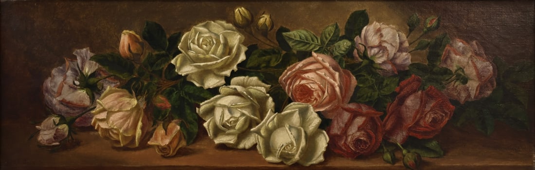 THOMAS FREDERICK COLLIER (IRISH, 1823-1885).: Still Life of Roses. Oil on canvas. Signed lower left. Property of a Larchmont, NY estate. Dimensions: 8.25" h x 24.125" w. Frame: 16" h x 32" w.