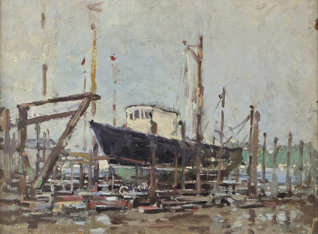 PAUL CORNOYER (AMERICAN, 1864-1923).: 'A Fishing Boat in Dry Dock'. Oil on artist's board. Incised signed lower middle left edge. Property from a Stamford, CT estate. Dimensions: 8" h x 10" w. Frame: 14" h x 16.25" w.
