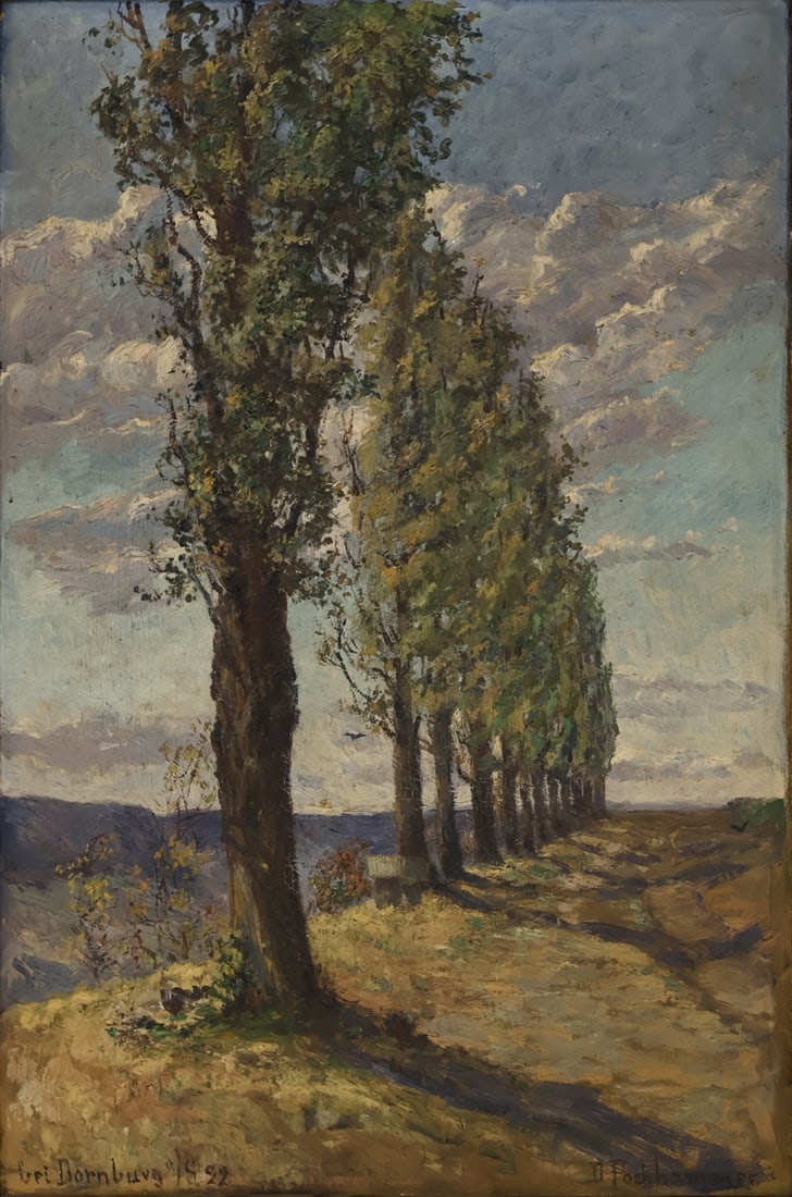 ILLEGIBLY SIGNED (GERMAN, 20TH CENTURY).: A Tree Lined Road' . Oil on artist's board. Signed and inscribed lower margins. Property of a Greenwich, CT estate. Dimensions: 23.25" h x 15.75" w .Frame: 27.25" h x 19.50" w .