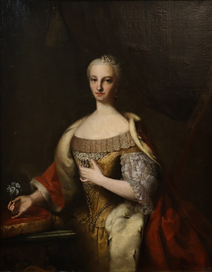PIEDMONT SCHOOL (18TH CENTURY).: Portrait of Maria Antonia Ferdinanda of Spain, Queen of Sardinia (1729-1785). Oil on canvas. Provenance: O. Klein, NY. Property of a Manhattan, NYC estate. Dimensions: 47.25" h x 36.625" w .