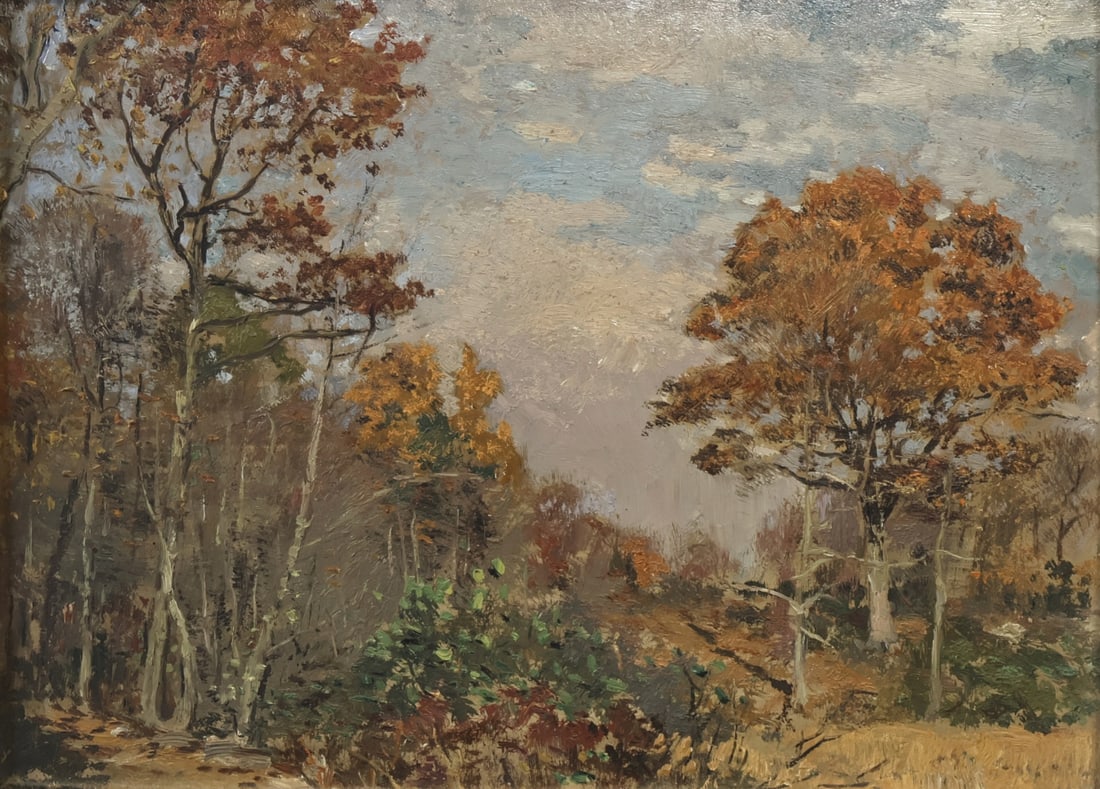 AMERICAN IMPRESSIONIST SCHOOL (19TH CENTURY).: 'Autumn Trees'. Oil on artist's board. Apparently unsigned. Note: Housed in a Stamford White designed Newcomb Macklin frame: Property of a Manhattan, NYC estate. Dimensions: 12" h x 16" w. F