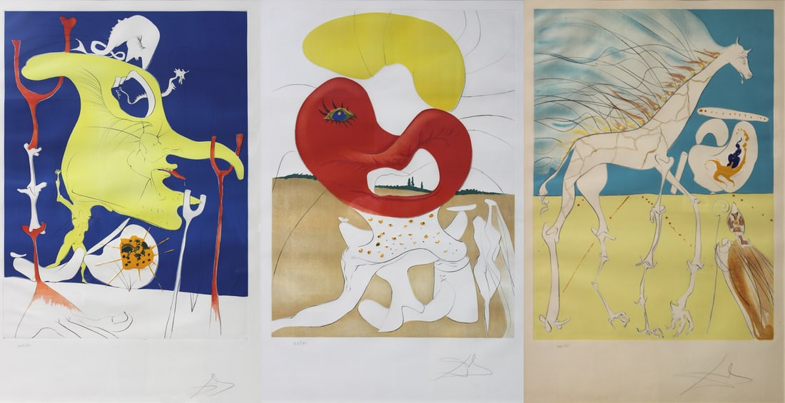 SALVADOR DALI (SPANISH, 1904-1989) [3 WORKS].: Three Works from Conquest of Cosmos suite, 1974: (i) "The Last Comer of the Last Planet", (ii) "The Blood of the Yin & Yang", and (iii) "Saturnian Giraffe". Engraving