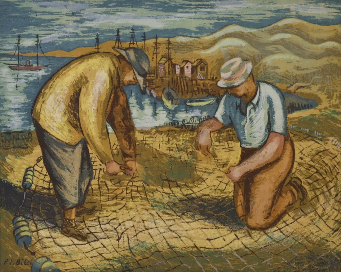 LEON BIBEL (POLISH- AMERICAN, 1913-1995).: 'Repairing the Nets'. Mixed media. Signed lower left. Provenance: Platt Fine Art, Chicago. Property of a Scarborough, NY estate. Dimensions: 10.75" h x 13.50" w. Frame: 17.75" h x 20.25