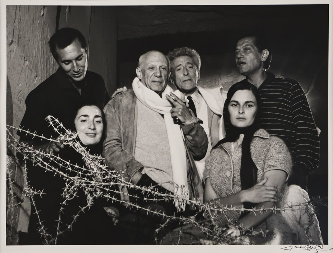 LUCIEN CLERGUE (FRENCH, 1934-2014).: 'Pablo Picasso, Jean Cocteau, Jacqueline Picasso, Serge Lifar et al, Les Baux, Provence, 1959'. 1998. Gelatin Silver print. Signed lower right in ink. Verso: Signed, titled, dated, inscribed, and numb