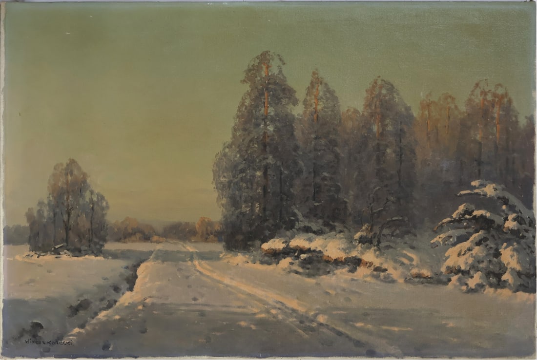 WIKTOR KORECKI (POLISH, 1890-1980).: 'Winter Lane'. Oil on canvas. Signed lower left. Property from a Huntington, L.I. estate. Dimensions: 24.125" h x 36" w. (unframed).