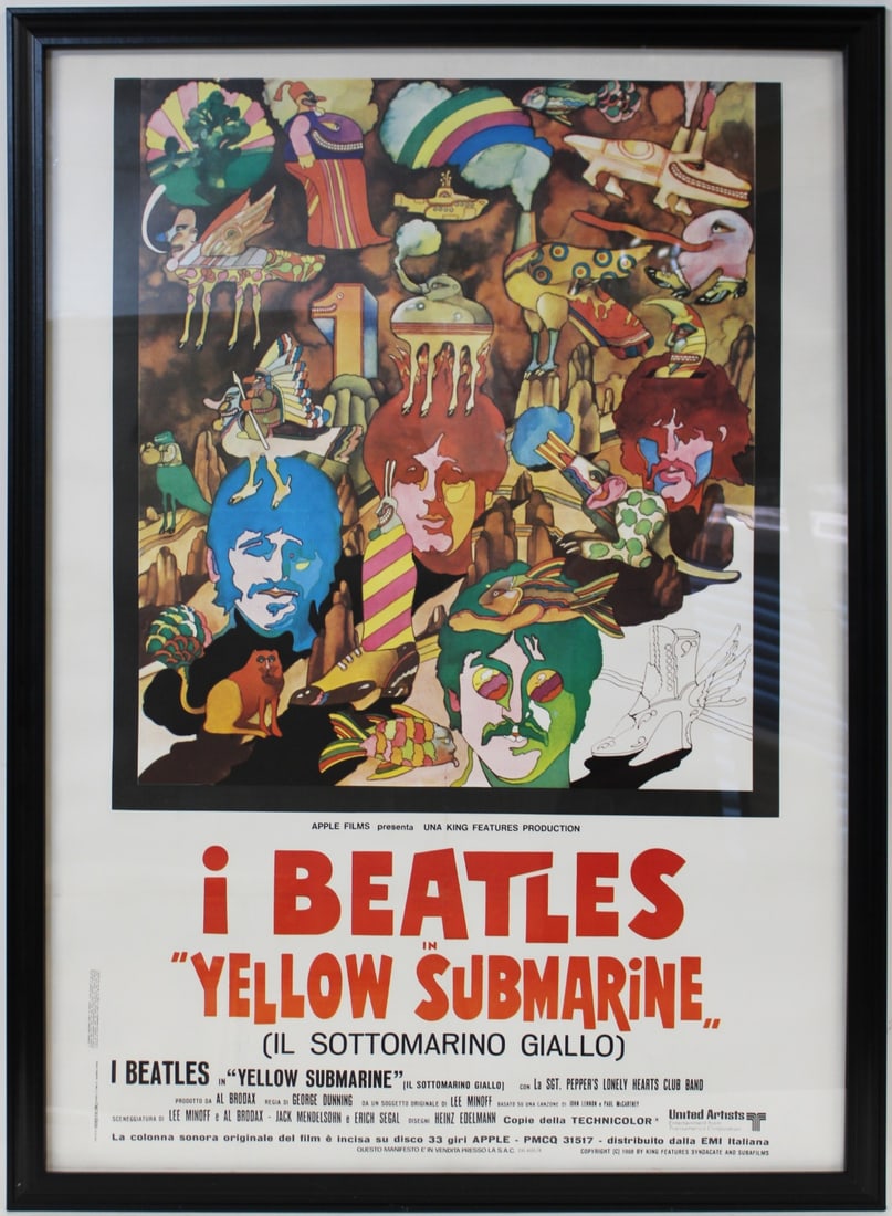 BEATLES "YELLOW SUBMARINE" FILM POSTER.: Yellow Submarine-The Beatles.1968. Lithograph poster in color. (Italian edition). Property of a Bedford, NY estate. Dimensions: Sight: 55" h x 39.25" w. Frame: 59.125" h x 43.375" 
