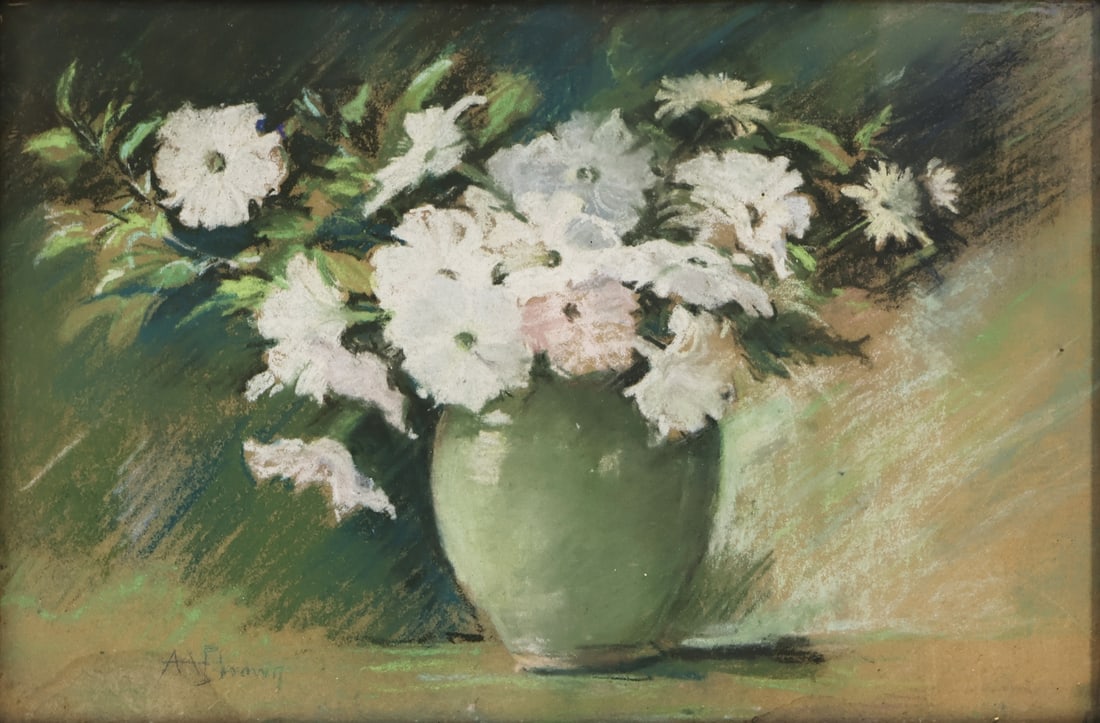 AGNES AUGUSTA BARTLETT BROWN (AMERICAN,1847-1932).: Vase with Petunias. Pastel. Signed lower left. Property from a Westchester County, NY estate. Dimensions: Sight: 10.5" h x 16" w. Frame: 13.75" h x 19" w.