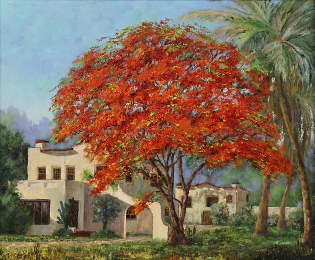 KIT BENSON (AMERICAN, 1925-1986).: 'The Poinciana'. Oil on canvas. Signed lower right. Provenance: From the estate of the artist. Property from a Westchester County, NY estate. Dimensions: 20" h x 24" w. Frame: 27.25" h 