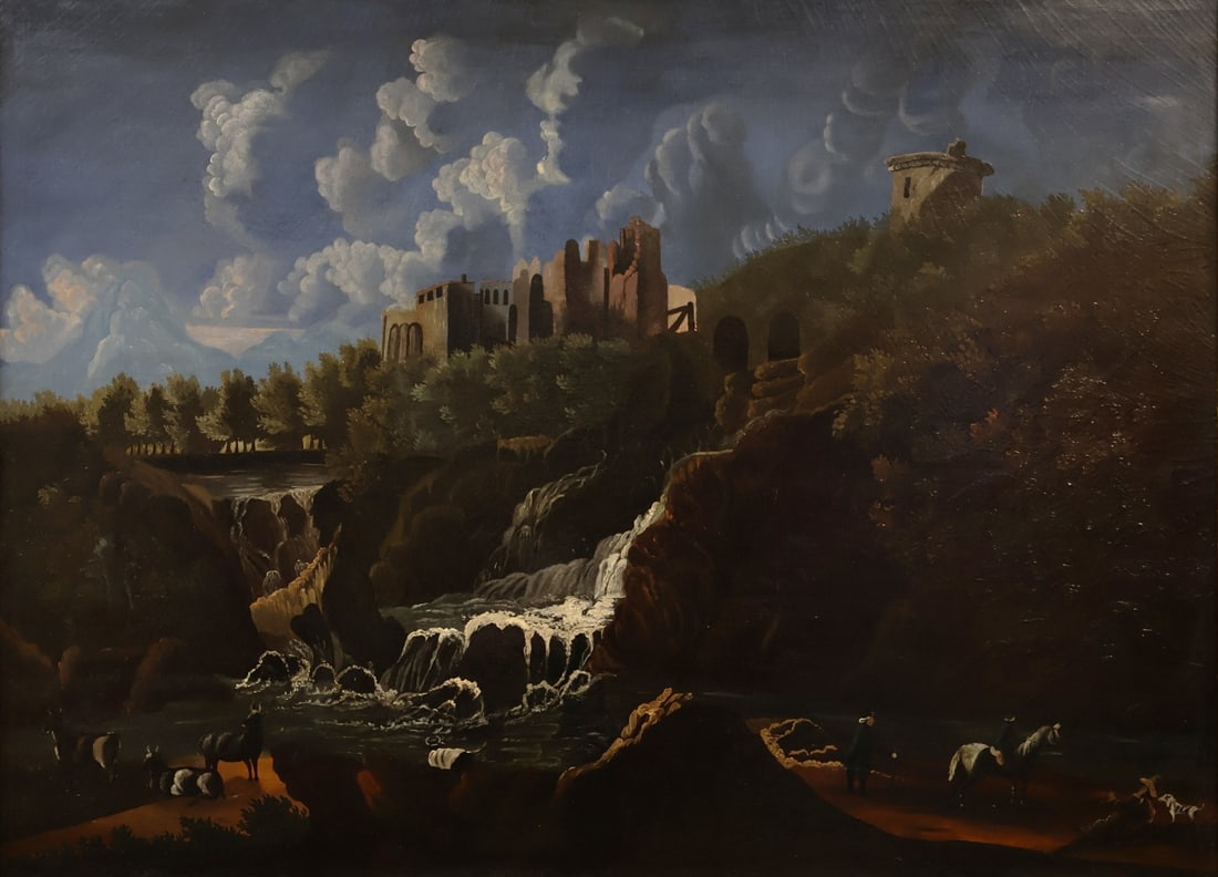 AMERICAN PRIMITIVE SCHOOL (19TH CENTURY).: Landscape with Castle Ruins and a Waterfall with Figures. Oil on canvas. Apparently unsigned. Property from a Bronxville, NY estate. Dimensions: 36.75" h x 48.25" w. Frame: 43.625" h x 