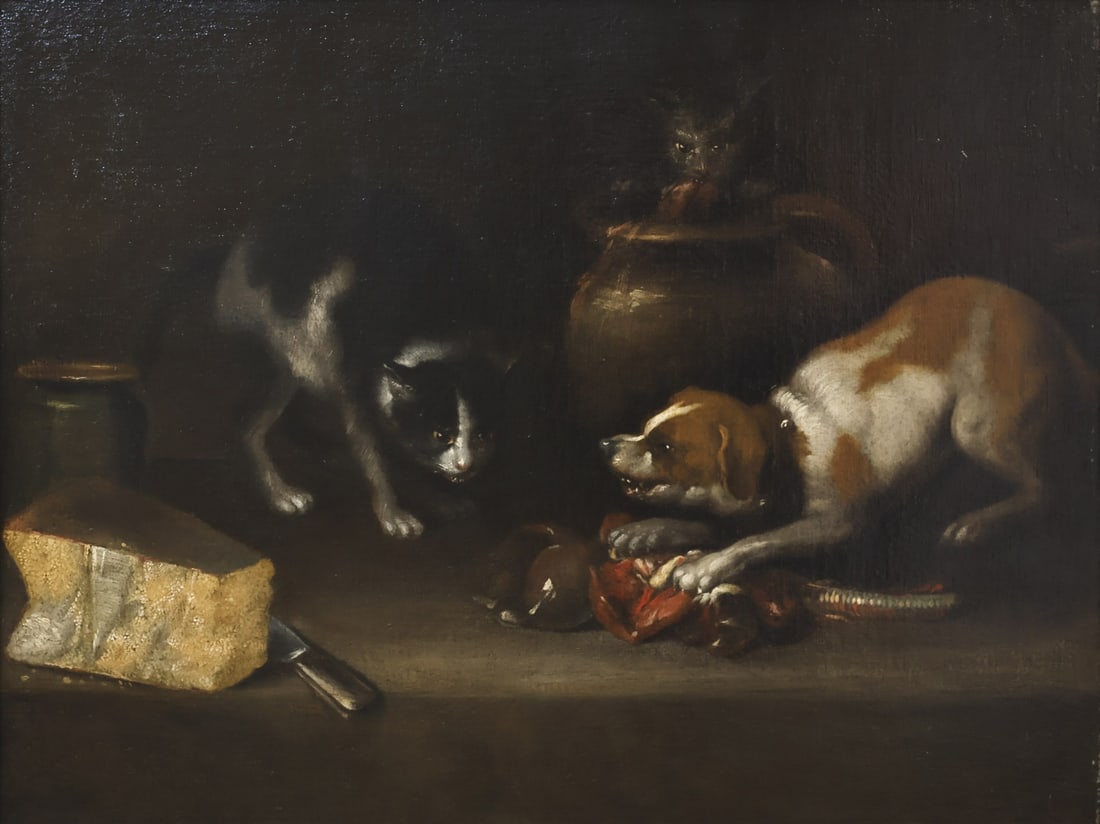 ALEJANDRO DE LOARTE (FOLLOWER OF) (c.1590-1626).: 'A Dog and Cat Fighting for Food'. Oil on canvas. Provenance: Sotheby's NY, June 5, 2009. (lot 10). Property of a Great Neck, NY collection. Dimensions: 32.50" h x 41.50" w. Frame: 36.50&quo