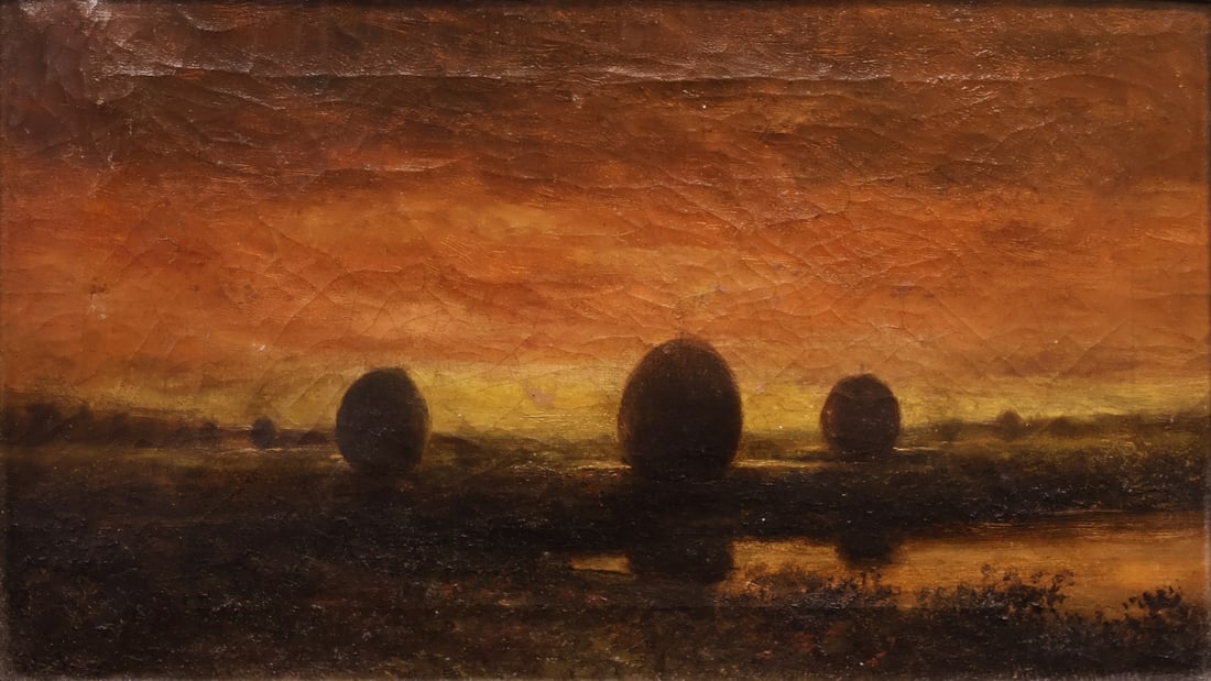 WESLEY ELBRIDGE WEBBER (AMERICAN, 1841-1914).: 'Sunset with Hay Mounds'. Oil on canvas. Signed lower right. Property from a Westchester County, NY estate. Dimensions: 12" h x 20" w. Frame: 18" h x 26" w.