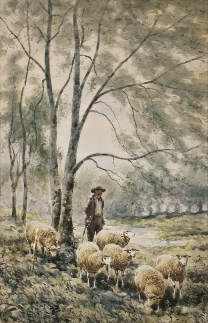 WILLIAM ROWELL DERRICK (AMERICAN, 1857-1941).: A Shepherd and his Flock. Watercolor. Signed lower left. Property from a Westchester County, NY estate. Dimensions: Sight: 26.875" h x 17.25" w. Frame: 34.25" h x 24.5" w.