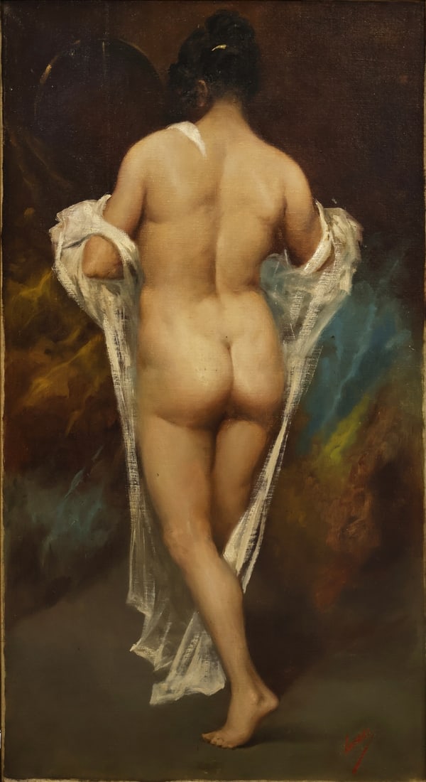 TEMISTOCLE LAMESI (ITALIAN, 1870-1957).: 'La Bagnante' (The Bather). Oil on canvas. Signed lower right. Property from a Roslyn, NY estate. Dimensions: 48.50" h x 26.25" w. Frame: 53.75" h x 32" w.