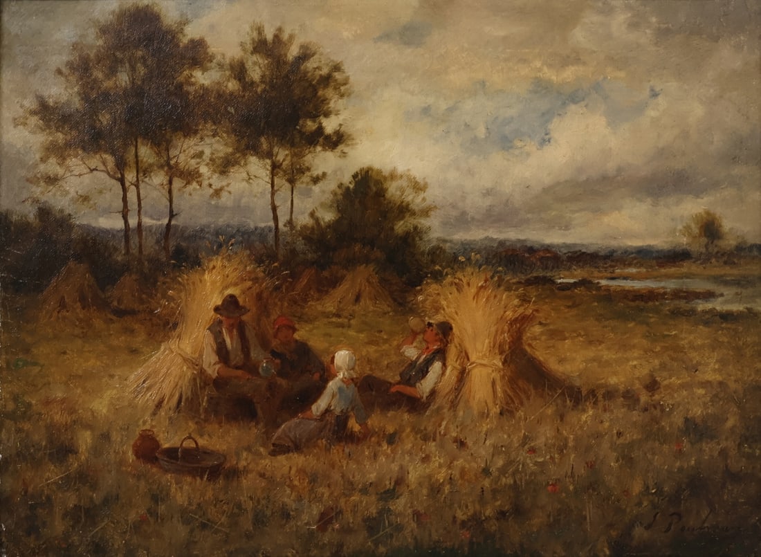 JOSEPH PAULMAN (BRITISH, fl. 1880-1900).: 'The Field Worker's Lunch Break'. Oil on canvas. Signed lower right. Property of a Larchmont, NY collection. Dimensions: 12" h x 16" w. Frame: 20.75" h x 25" w .