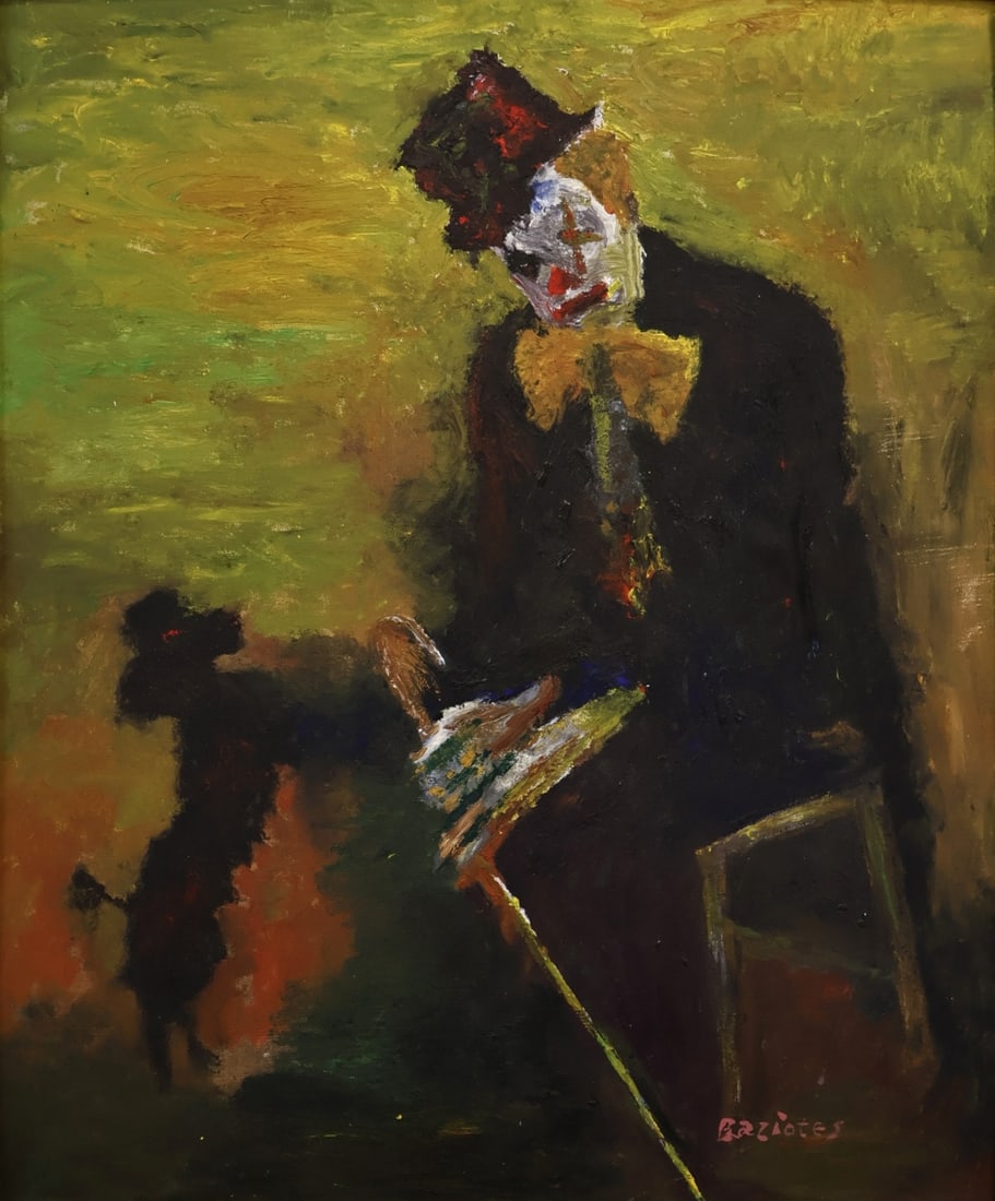 WILLIAM BAZIOTES (ATTR.) (AMERICAN, 1912-1963).: 'Clown with Poodle'. Oil on masonite. Signed lower right. Verso: Signed on board. Property from a Manhattan, NY collection. Dimensions: 26" h x 21.75" w. Frame: 33.5" h x 29" w.