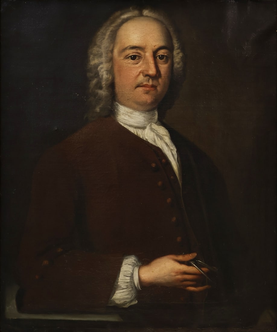 ANGLO-DUTCH SCHOOL (18TH CENTURY).: Portrait of a Gentleman Holding Dividers. Oil on canvas. Property from a Manhattan, NYC estate. Dimensions: 30" h x 24.75 Frame: 33.25 "h x 27.75" w .