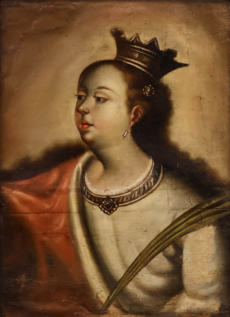 HISPANO-FLEMISH SCHOOL (18TH / 19TH CENTURY).: 'Saint Catherine'. Oil on canvas. Property of a Manhattan, NYC estate. Dimensions: 15.25" h x 11.25 w. Frame: 22.625" h x 18.75" w.