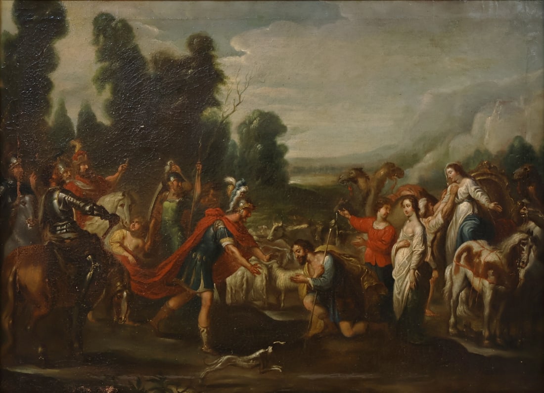 FLEMISH SCHOOL (18TH CENTURY).: 'The Reconciliation of Esau and Jacob'. Oil on canvas. Property of a Manhattan, NYC estate. Dimensions: 25" h x 33.75" w. Frame: 30" h x 39" w.