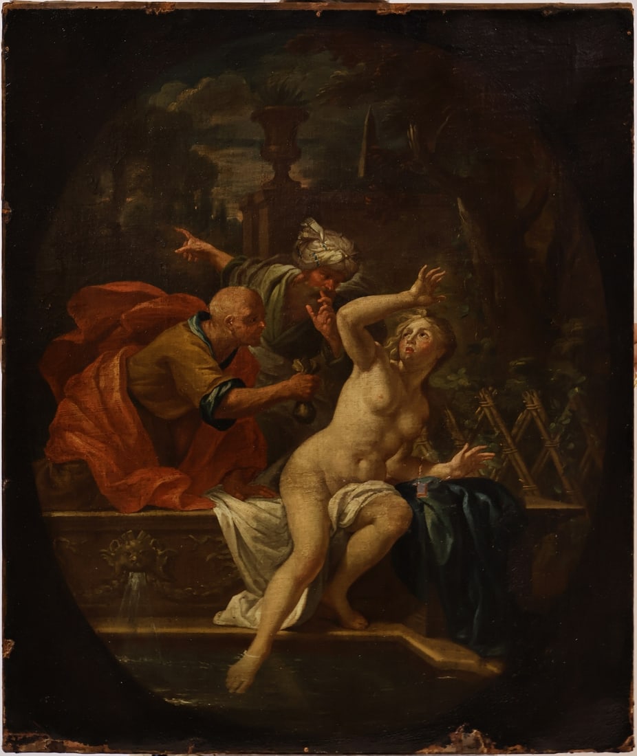 ROMAN SCHOOL (18TH CENTURY).: 'Susanna and the Elders'. Oil on canvas. Property of a Manhattan, NYC estate. Dimensions: 28.50" h x 23.50" w. (unframed).
