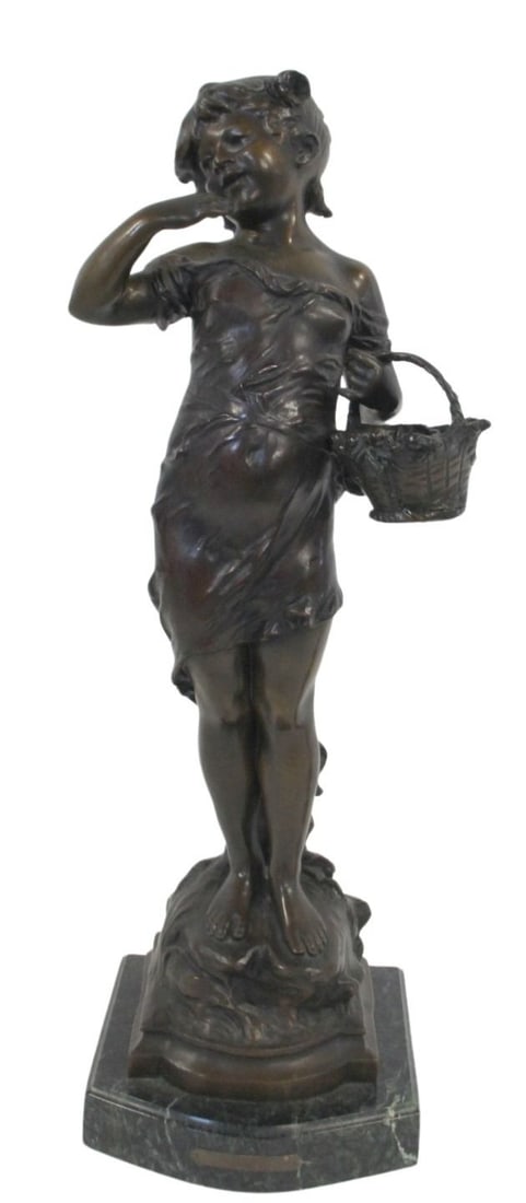 Signed MOREAU Bronze Sculpture.: After Moreau bronze of a girl with basket. Very well executed with nice brown patina and signed. From a Yonkers, NY estate. - Dimensions: 23.5" h