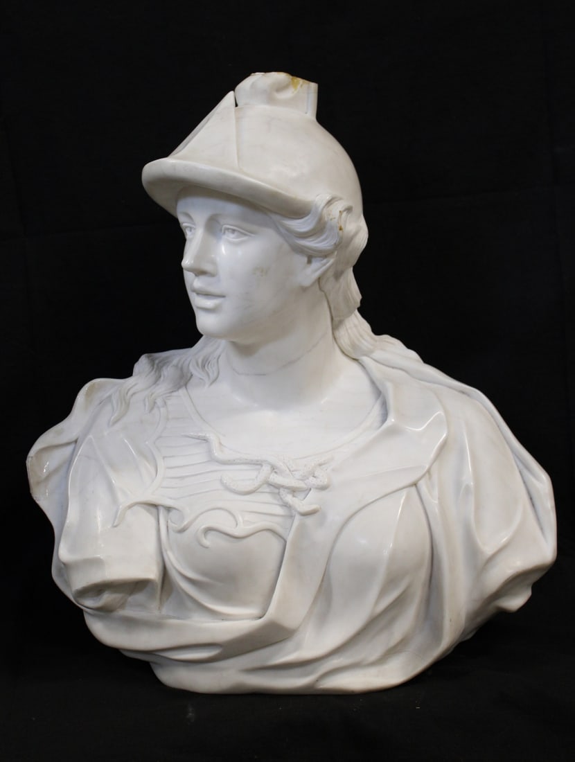 Large Carved Marble Bust Of A Greek Warrior.: Large and well-executed marble bust of a warrior as is. From a Westchester NY estate. - Dimensions: 26.5" h x 23" w