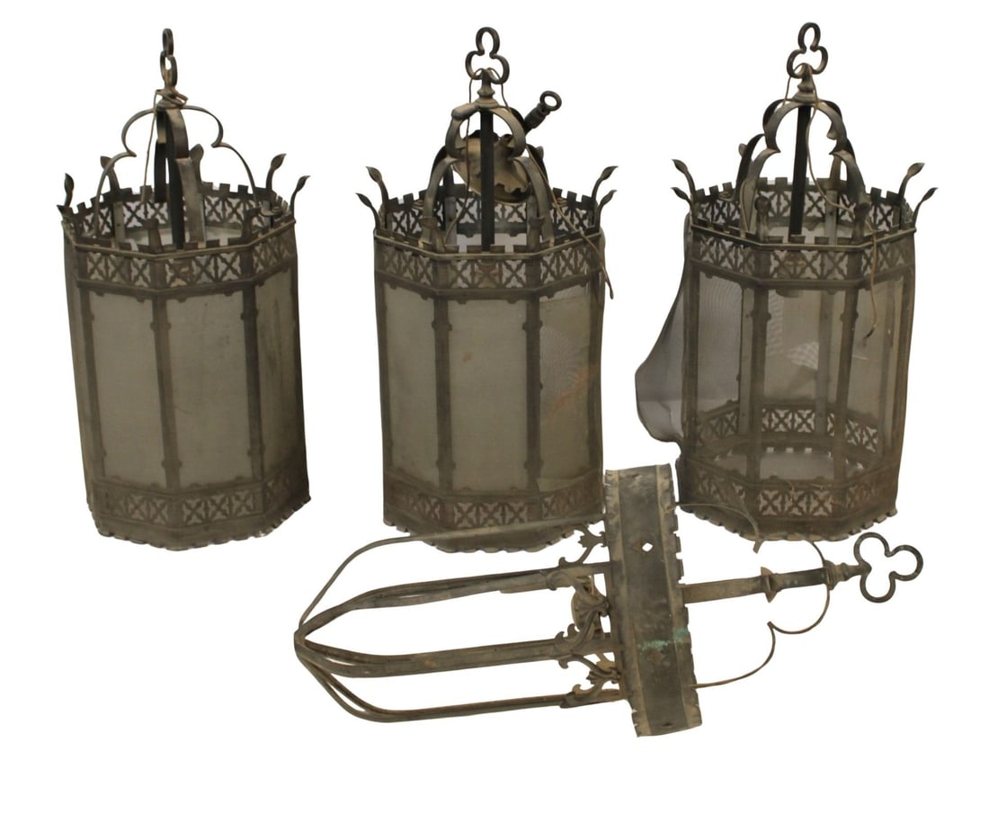 CALDWELL Quality Lot Of 4 Antique Hurricane: Chandeliers. To include a set of 3 37" x 21" as is with broken and missing glass ( wire mesh surrounding also ) and 1 38" x17" as is with no glass and metal losses . From a Bronx e