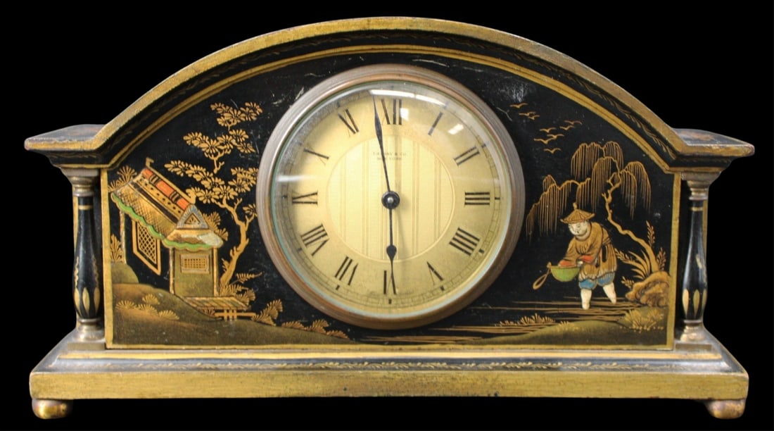 TIFFANY & CO Chinoiserie Decorated Desk Clock.: Signed on face Tiffany & Co and movement by Elliot. From a Scarsdale, NY estate. - Dimensions: 5.5" x 10.5" x 3" d