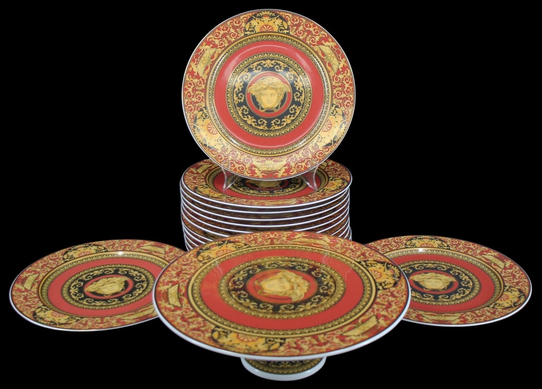 14 VERSACE Medusa Plates Together with a Tazza.: 14 Versace / Rosenthal (12") Medusa plates together with a Medusa tazza (14" x 4.5"). From a New Jersey estate.
