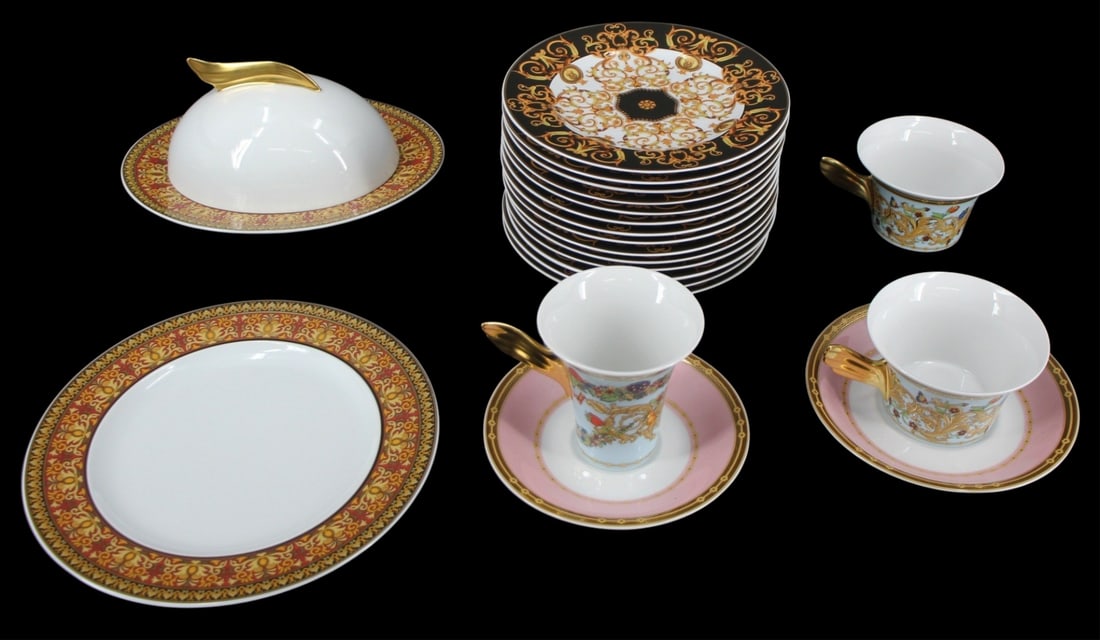 VERSACE Lot of Assorted Porcelains.: Includes 14 plates (7"), a lidded serving plate (9.25" x 4.5"), 3 cups and 2 saucers (5.75" & 6.25"). From a New Jersey estate.