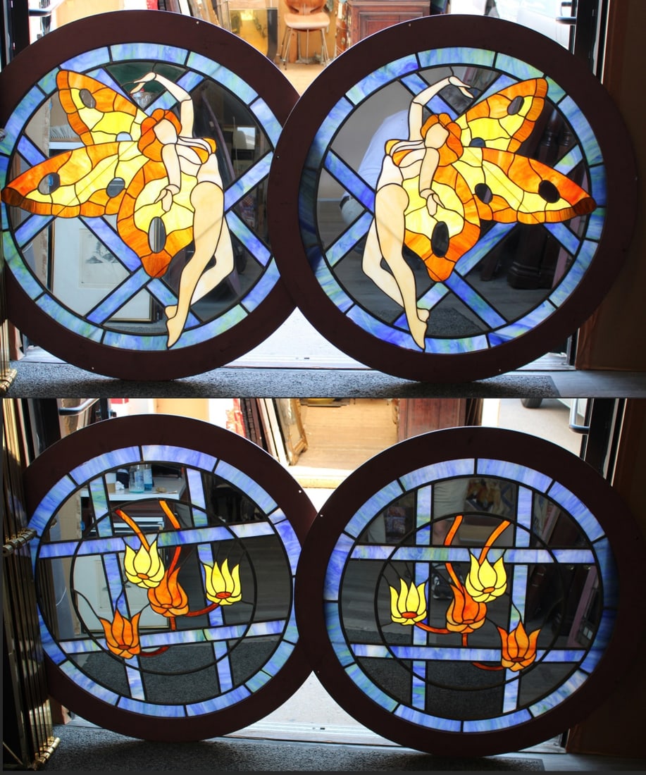 Lot Of 4 Framed Round Leaded Glass Windows. (1 of 5)