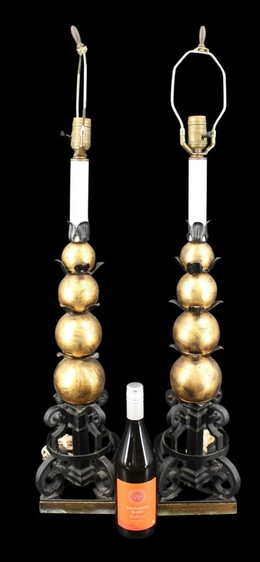 Pair of Mid Century Modern Lamps With Gold Spheres: Decorative lamps with wrought iron bases and 4 stacked golden spheres. From a Port Jervis, NY estate. - Dimensions: 36"h