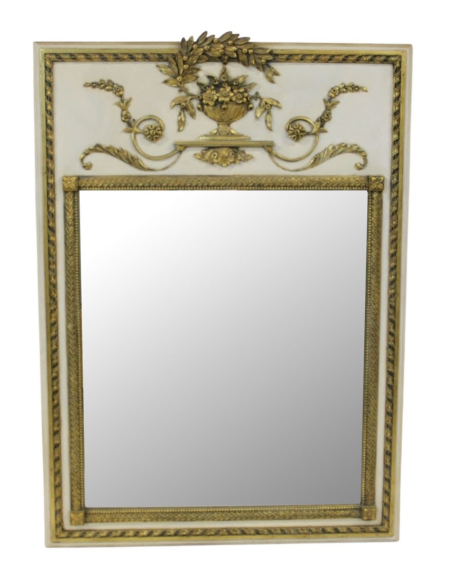 Large Carved, Gilt & Paint Decorated Trumeau: Style Mirror. From a Scarsdale, NY estate. - Dimensions: 53" x 38" x 1" d
