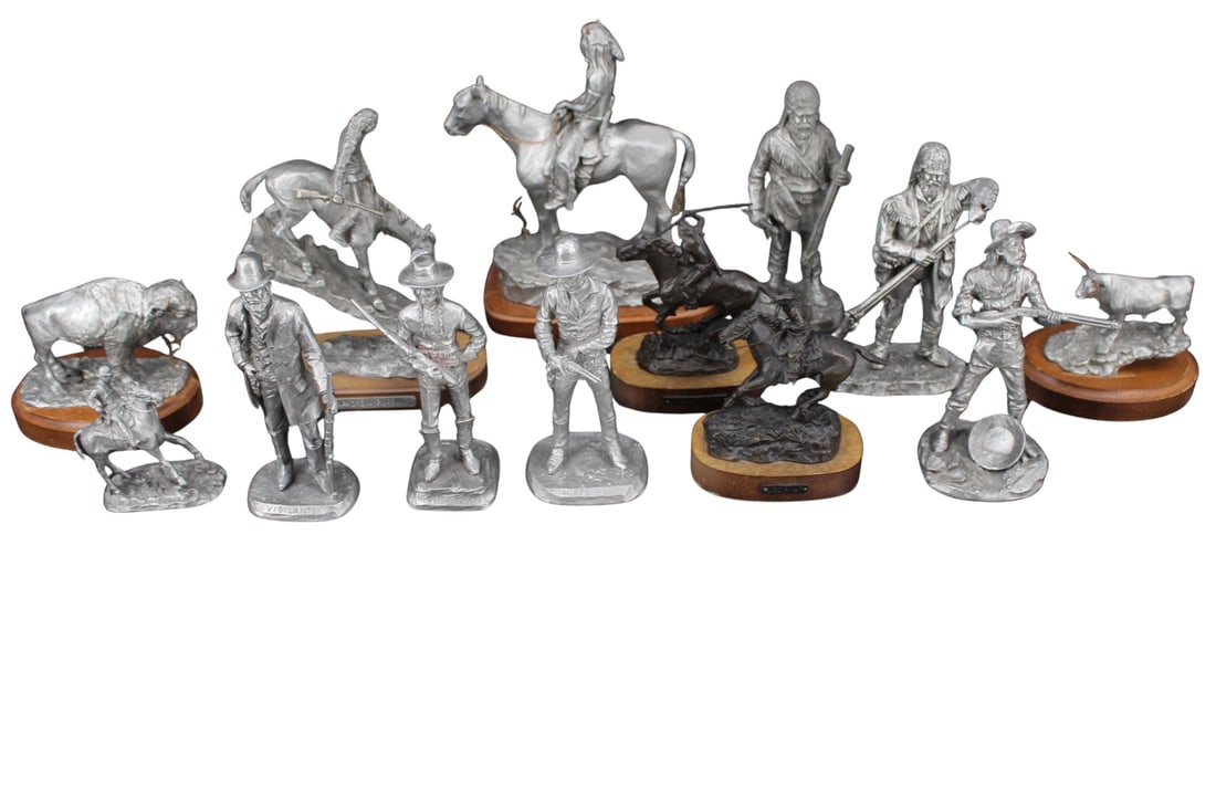 Philip Kraczkowski Pewter Figures 13 Pcs: Group of small pewter and bronze figures by Kraczkowski. To include: Buffalo, Rattler, Vigilante, Apache In Pursuit, Cheyenne Scout, Hired Gun, Crucial Thrust (bronze, not connected to base), Solitude