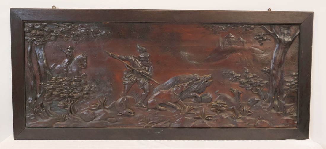 Antique & Finely Carved Wood Panel: Finely carved wood scene of man hunting Boar. Has Mary Tromm label verso. From a Bedford NY estate. - Dimensions: 30" x 67"