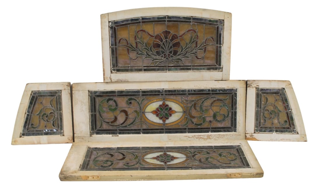Lot Of 5 Antique Framed Leaded Glass Windows: To inc a pair of windows measuring 16"h x 43.75" w . A Pair of windows measuring 16"h x 16"w x 1.50"d and a single window measures 16.34"h x 32"w From a Brighton Bea