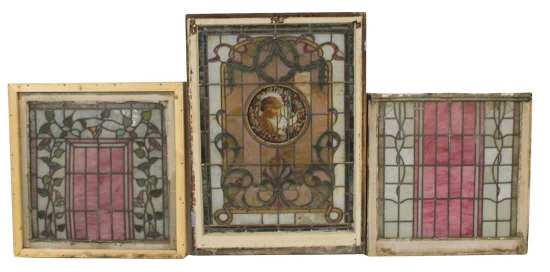 Lot Of 3 Leaded & Stained Glass Windows.: To include 2 framed leaded 29" x 29" and 1 with portrait 44"h x 31.50"x 1.75"d . From a Brighton Beach, Brooklyn, NY