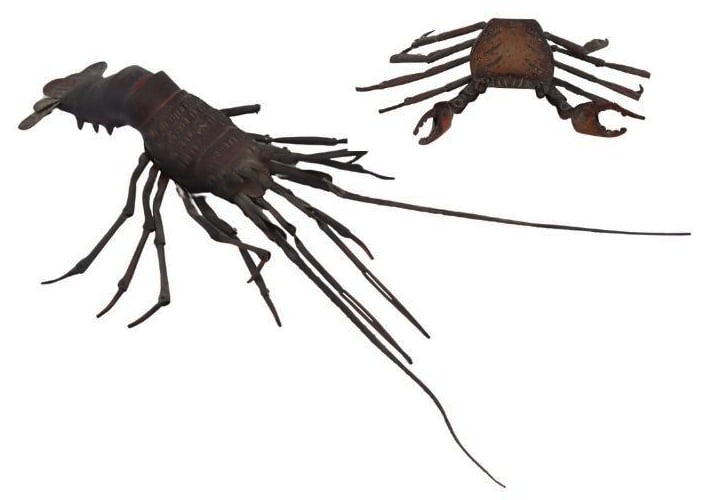 (2) Examples of Japanese Jizai Okimonos.: Includes a signed Lida's Japanese articulated metal crawfish - with a Lida's label the underside; and a signed Japanese articulated metal crab - signature to the underside. From a Bronxville, NY estat