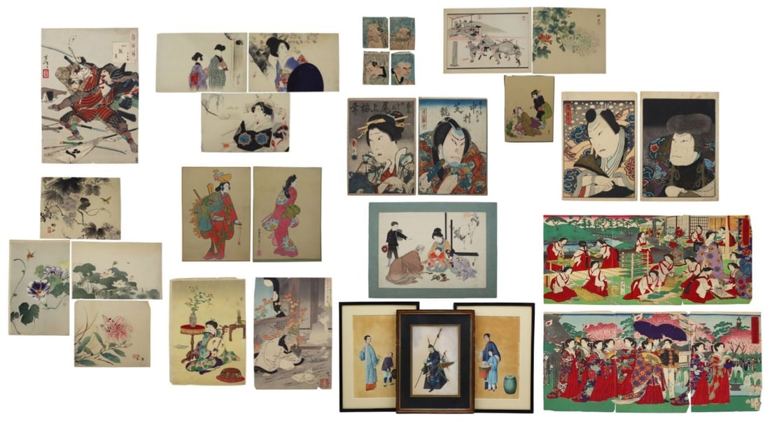 (30) Assorted Japanese Woodblock Prints.: Includes a Mizuno Toshikata "Living Room" woodblock print - adhered to paper backing; (4) small woodblock prints of men; a Utagawa Hiroshige III triptych woodblock print, "Court Ladies 