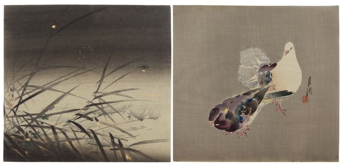 KOGYO (1869-1927) and GEKKO (1859-1920): Japanese Woodblock Prints. Includes (1) Tsukioka Kogyo Japanese woodblock print, "Fireflies", and (1) Ogata Gekko Japanese woodblock print, "Two Loving Pigeons". From a Kent, CT es